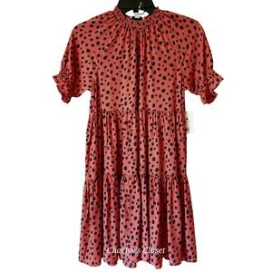 Free Assembly Girls Tiered Dress Size L (10/12) Pink Black‎ Polka Dot